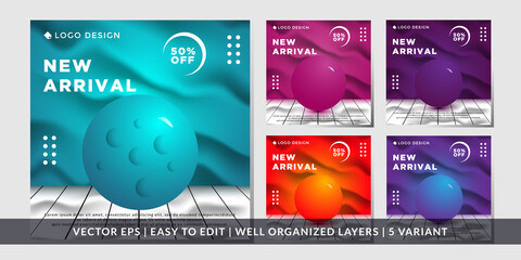 banner sale for social media templates, white chair concept and glowing ball. modern new arrival 50% off.