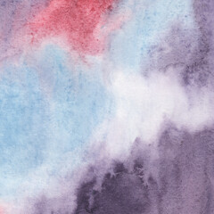 Watercolor Background - Abstract painted paper with blue, red and lilac grained texture