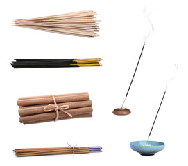 Set with aromatic incense sticks on white background