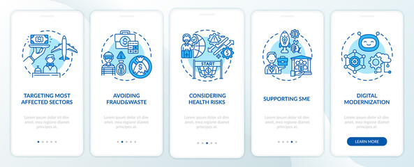 Considering health risks onboarding mobile app page screen with concepts. Targeting most affected sectors walkthrough 5 steps graphic instructions. UI vector template with RGB color illustrations