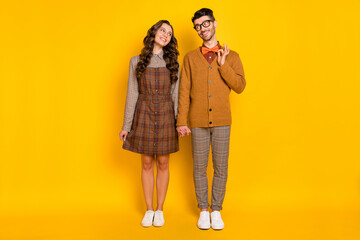 Full length body size view of nice coquettish cheerful couple holding hand guy fixing bowtie isolated on bright yellow color background