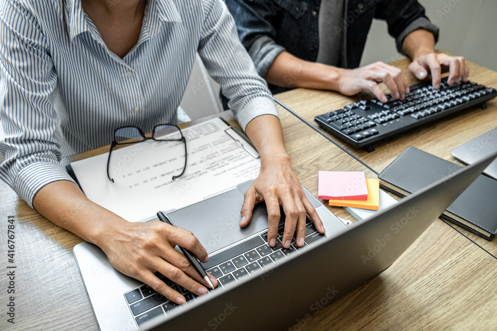 Poster Programmer Team of  Developing programming and website working in a software develop company office, writing codes and typing data code, Programming with HTML, PHP and javascript