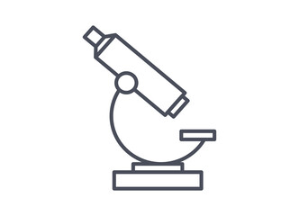 Laboratory microscope with single objective for scientific or microbiology work in side view, line drawn simple black and white vector icon isolated on white background