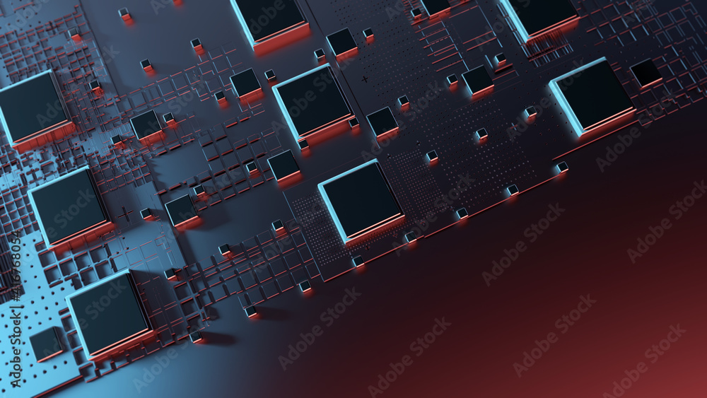 Poster Printed circuit board futuristic server/Circuit board futuristic server code processing. Red,  rouse, blue technology background. 3d rendering