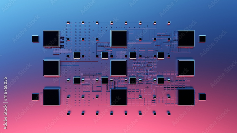 Aufkleber Printed circuit board futuristic server/Circuit board futuristic server code processing. Red,  rouse, blue technology background. 3d rendering
