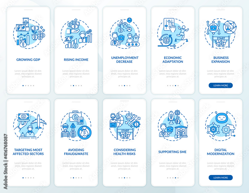 Poster economic recovery onboarding mobile app page screen with concepts set. unemployment decrease walkthr