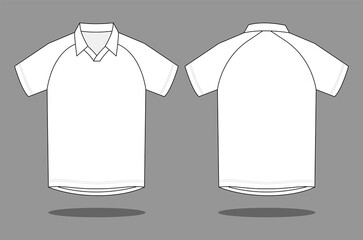 Blank white raglan sleeve football jersey and has a collar on a gray background. Front and back views, vector file.
