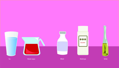 Vector Illustration of an Experiment for Education in School, Science, Water, Cologne, Vinegar, Oil, Alcohol and Glass Experiment for Students, Online Education