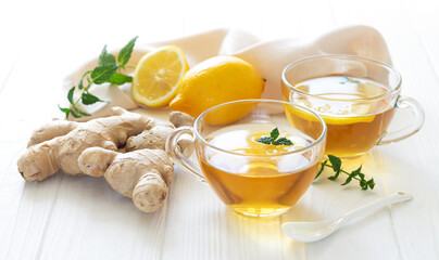 Herbal ginger tea boost your immune, two glass mugs of healthy hot drink