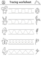 Vector Easter handwriting practice worksheet. Spring printable black and white activity for pre-school children. Educational tracing game for writing skills with cute animals and traditional treats. - obrazy, fototapety, plakaty