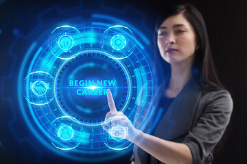 Business, Technology, Internet and network concept. Young businessman working on a virtual screen of the future and sees the inscription: Begin new career