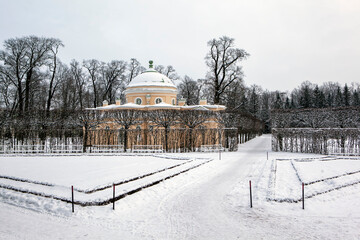 Winter alley in Catherine Park overlooking the Lower Bath pavilion. Tsarskoe Selo. Pushkin. St....