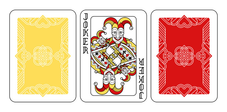 A playing card Joker and reverse or back of cards in red, yellow and black from a new modern original complete full deck design. Standard poker size.