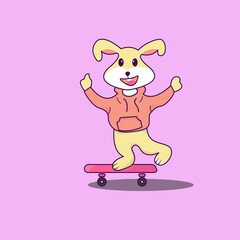 Cute happy adorable funny rabbit on skateboard with pink hodie