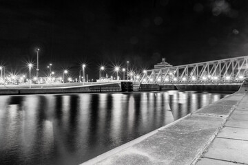 Modern harbor by the river and bridge. High quality photo