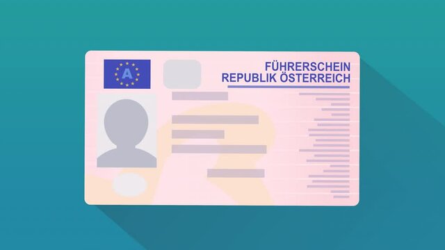 Eine Hand pr&auml;sentiert seine &ouml;sterreichische F&uuml;hrerschein-Kreditkartengr&ouml;&szlig;e auf blauem Grund (flaches Design)