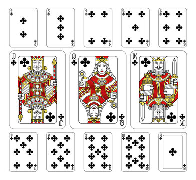 Playing cards clubs set in red, yellow and black from a new modern original complete full deck design. Standard poker size.