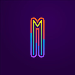 Neon light M letter line logo.