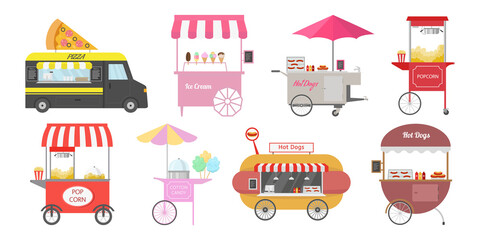 Set of different street food carts.