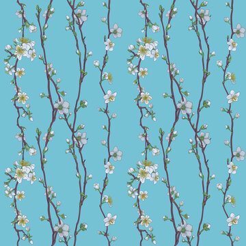 A Japanese cherry peach blossom sakura flower seamless print pattern background tile design