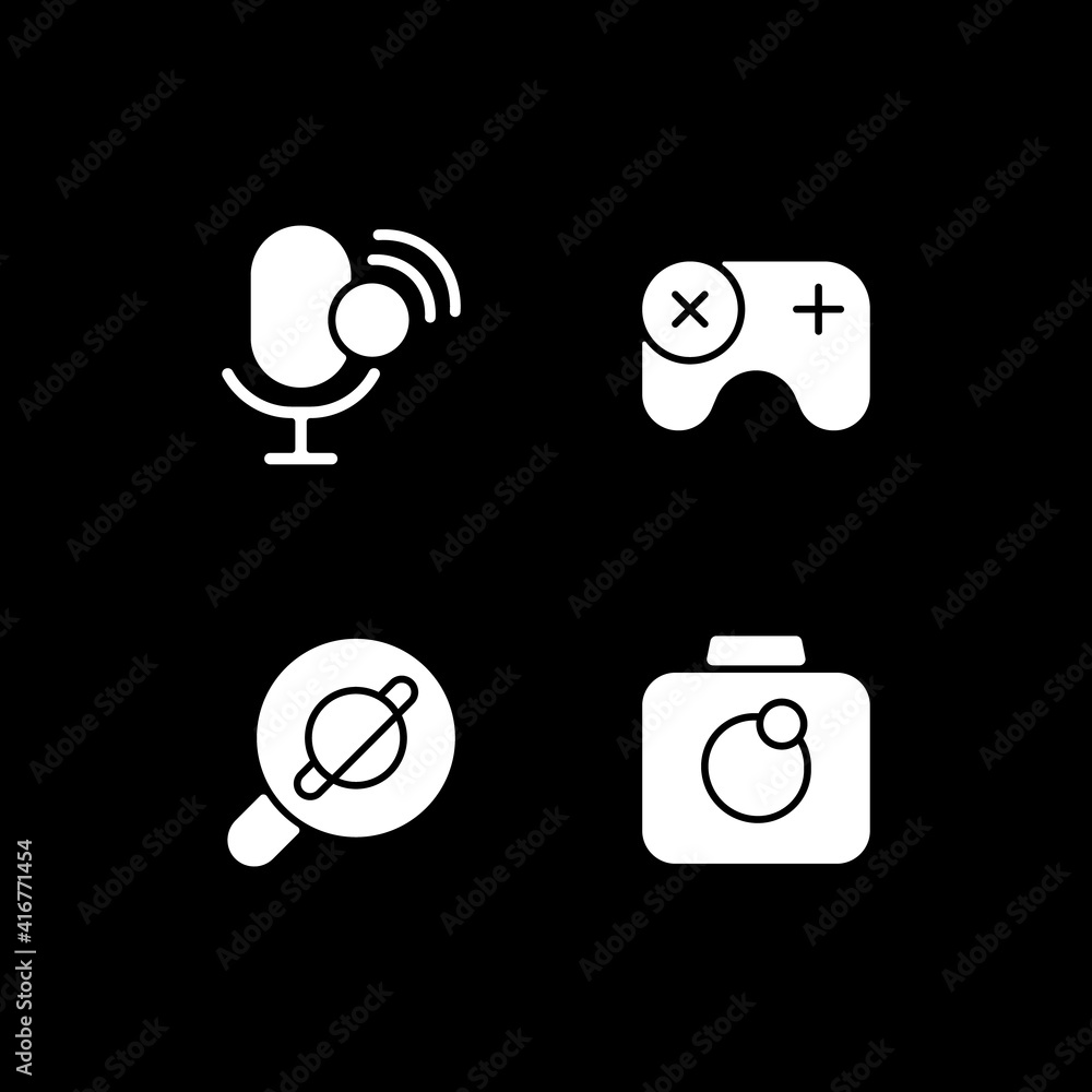Poster mobile interface white glyph icons set for dark mode. intelligent personal assistant. web browser. s