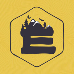E letter logo with mountains peaks and trees on a landscape line pattern.