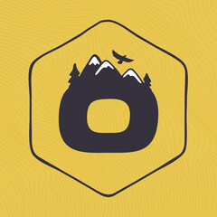 O letter logo with mountains peaks and trees on a landscape line pattern.