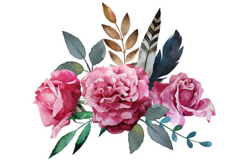 Watercolor pink roses bouquet with leaves and feathers. Handpainted floral composition isolated on white background