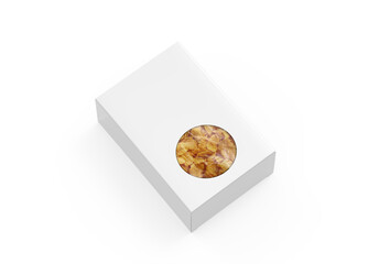 Corn flakes paper packaging box mockup template on isolated white background, 3d illustration