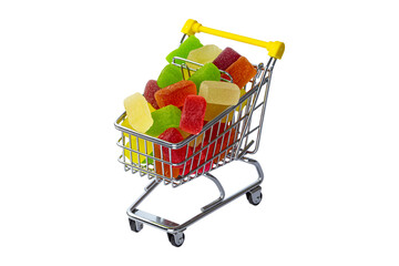 Isolated jelly candies  in Shopping trolley basket full of delicious multicolored marmalade with natural juice sweet