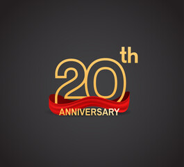 20 anniversary logotype design with line golden color and red ribbon isolated on dark background can be use for celebration, greeting card and special moment event