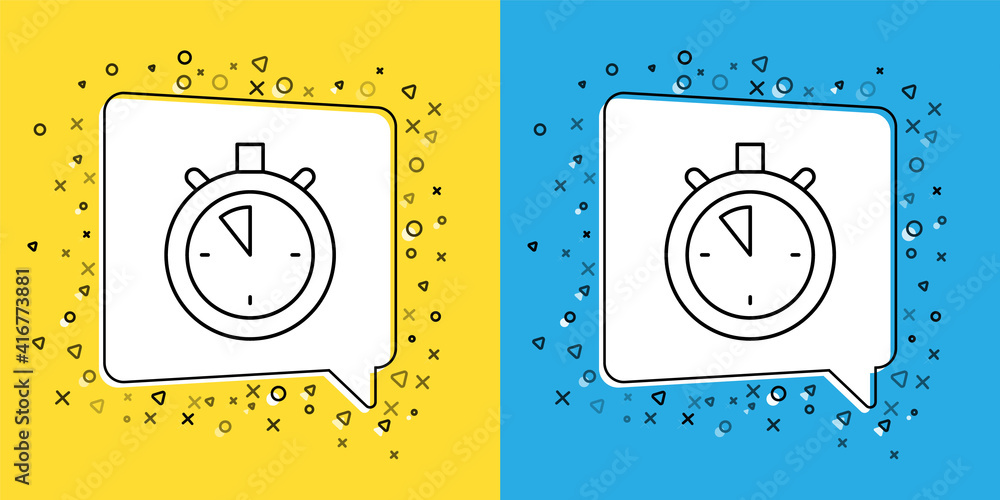 Poster set line stopwatch icon isolated on yellow and blue background. time timer sign. chronometer sign. v