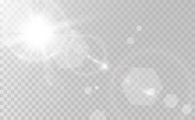 Special lens flash, light effect. The flash flashes rays and searchlight. illust.White glowing light. Beautiful star Light from the rays. The sun is backlit. Bright beautiful star. Sunlight. Glare.	