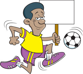 Cartoon illustration of an African American kicking a soccer ball while holding a sign.
