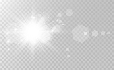 Special lens flash, light effect. The flash flashes rays and searchlight. illust.White glowing light. Beautiful star Light from the rays. The sun is backlit. Bright beautiful star. Sunlight. Glare.	