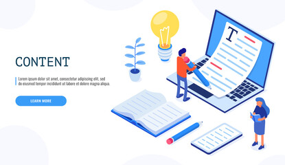Copywriting concept banner with character. Male user holds the pen with both hands and writes. Web banner, infographics. Isometric vector.