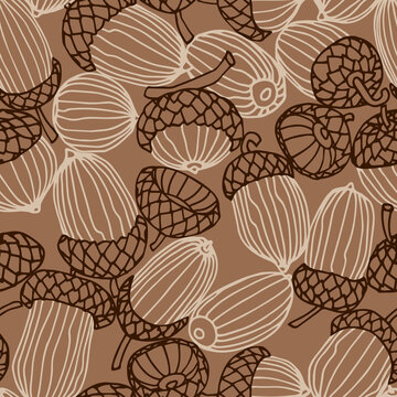 abstract seamless pattern of a set of oak acorns, for backdrops designs, textiles, fabrics, vector illustration with colored contour lines on a brown background in doodle and hand drawn style