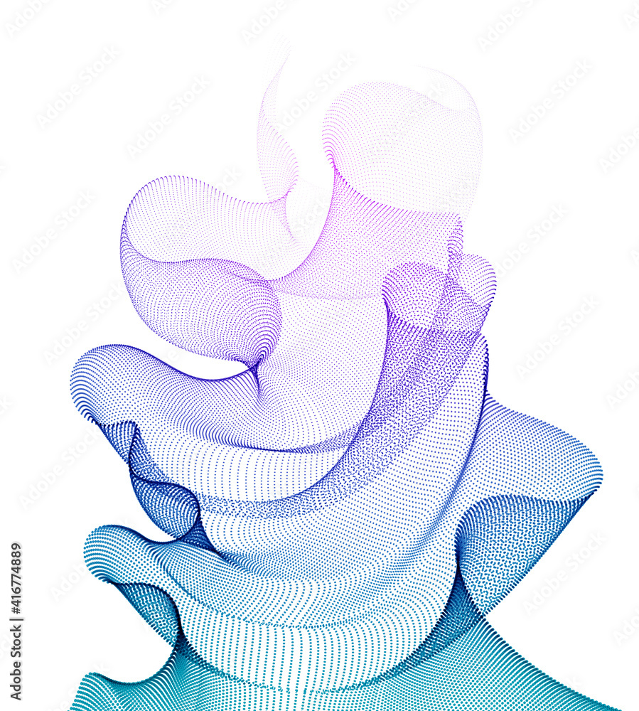 Poster 3d particles mesh array, sound wave flowing, transparent tulle textile on wind. round points vector 
