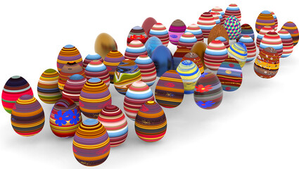 Fototapeta na wymiar Colorful Easter eggs in 3D realistic, shiny, golden, Easter eggs on white background