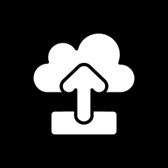 Upload dark mode glyph icon. Sending information to remote cloud server. Phone screen menu element. Smartphone UI button. White silhouette symbol on black space. Vector isolated illustration