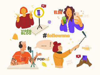 Set of vector concept illustrations for blog, vlog and podcast. Various characters or bloggers create video and audio content for social media. Flat isolated design elements.