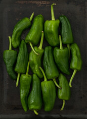 A pile of raw Padron peppers typical of Spain on a black background. Flat lay. Top view. Geometric shape.
