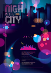 Light night at city, bokeh abstract background blurred lights. Effect vector beautiful background. Blur colorful dark background with cityscape