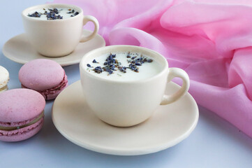 Still life in blue-pink colors: lavender, milk, cake