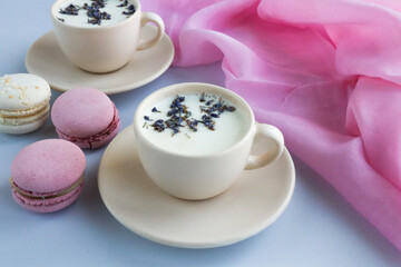 Still life in blue-pink colors: lavender, milk, cake