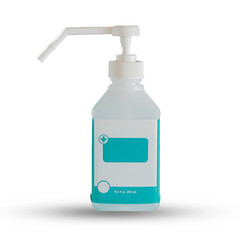 Alcohol gel in liquid pump bottle on white background.
