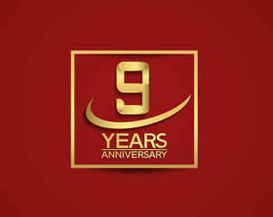 9 years anniversary with square and swoosh golden color isolated on red background can be use for special celebration moment