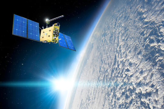 Research, probing, monitoring of in atmosphere. Satellite above the Earth makes measurements of the weather parameters, over continuous cumulus thunderstorm. Elements of this image furnished by NASA. - Powered by Adobe