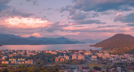 Sunset over the mountains and sea of Itaguá, Ubatuba