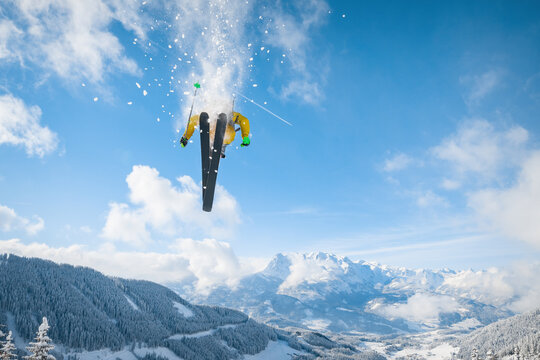 Male skier does a jump in Werfenweng, Austria.
